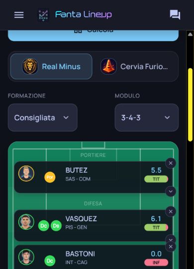 Formazione consigliata nell'app Fanta Lineup